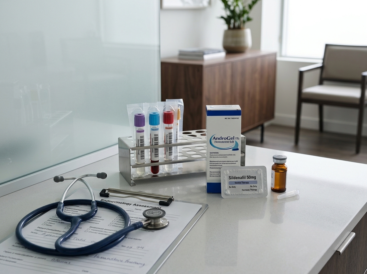 Men's endocrine diagnostics, hormone test tubes, and prescription tablets