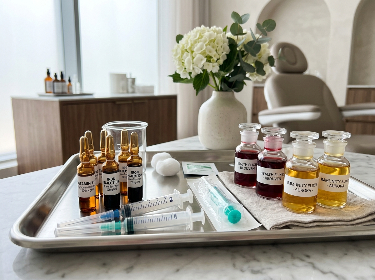 Sterile amber vitamin ampoules, syringes and clinical tray for vitamin and iron therapy