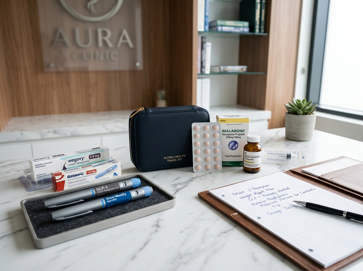 Clinical travel health kit and prescription medicine on clinic table